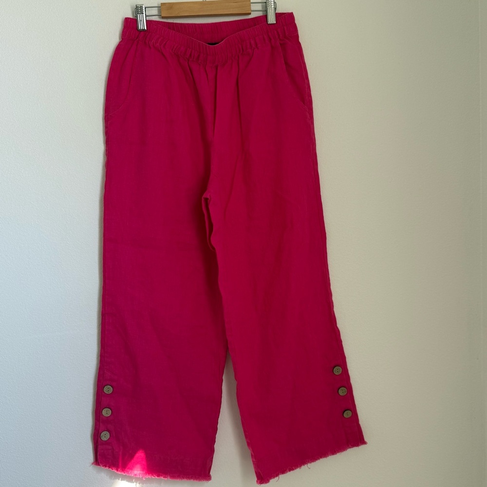 Ali Miles Wide Leg Linen Pants Women's M Pink Frayed Button Detail